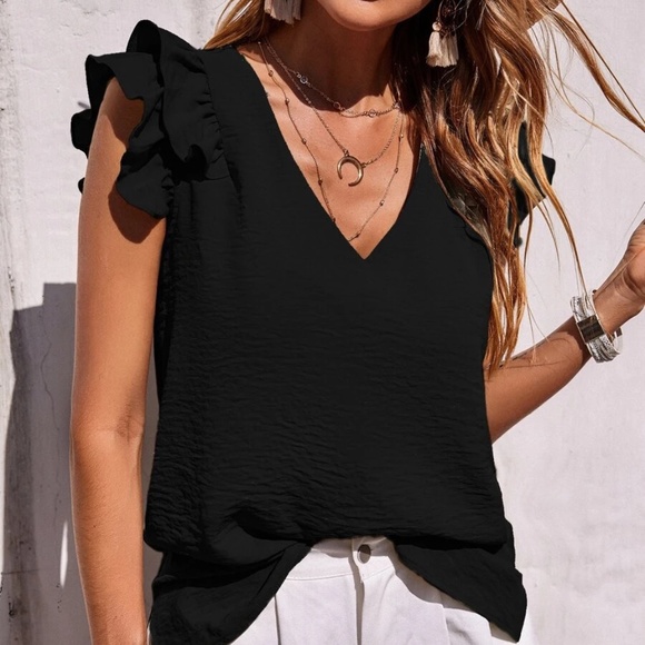 Boho Black Solid Ruffle Sleeve Top - Picture 7 of 7